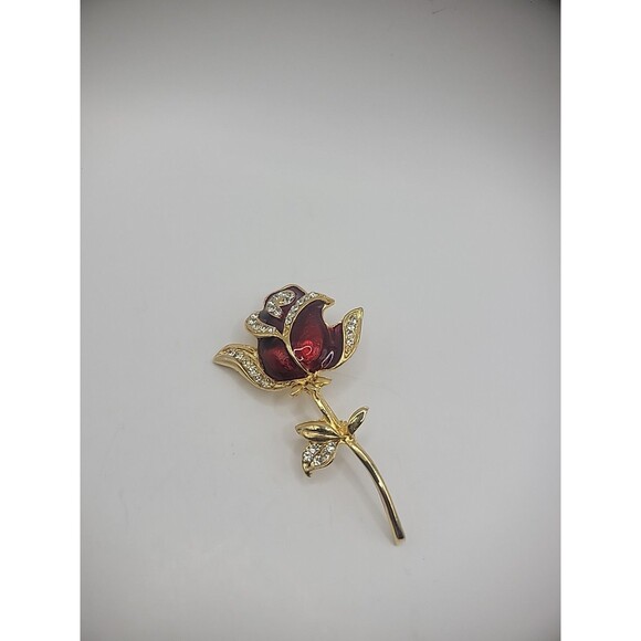 Vintage Brooch Pin Rose Flower Gold Tone Crystals Jewelry Costume - Picture 4 of 15